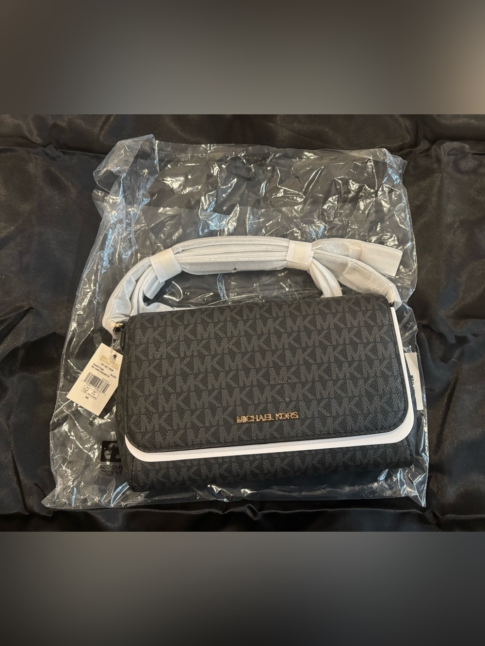 Michael Kors Black MK Logo Messenger Bag with White Trim